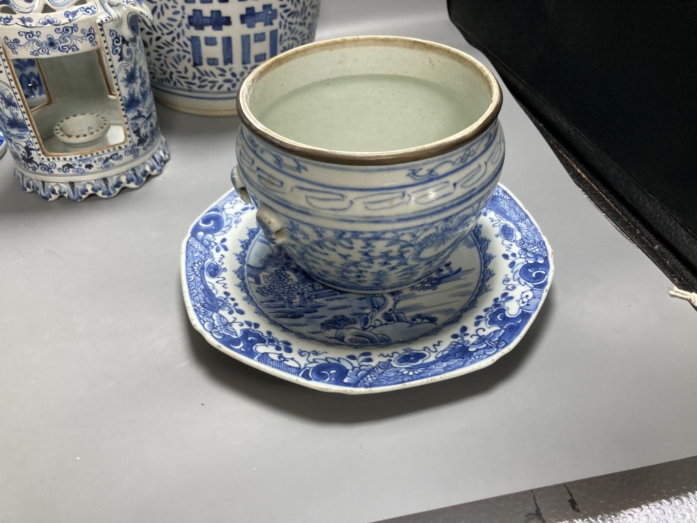 A Chinese famille rose dessert dish, 27cm, assorted Chinese blue and white porcelain and a delft ware hanging candle lantern, 26cm